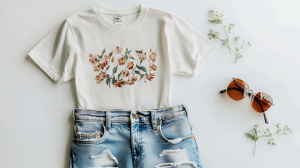 White t-shirt mockup on a white background with a sprig of flowers.