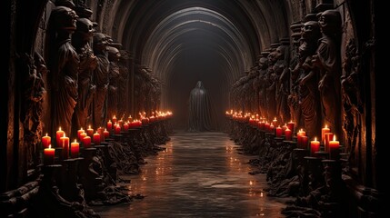 Canvas Print - Dark dungeon long medieval castle corridor backgrounds, scary endless medieval catacombs with torches. Mystical nightmare concept. 