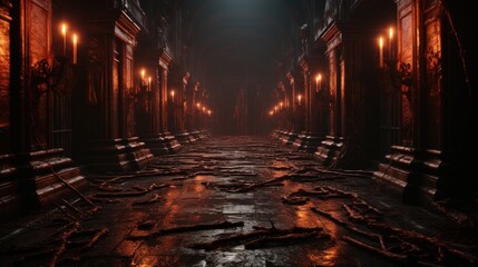 Poster - Dark dungeon long medieval castle corridor backgrounds, scary endless medieval catacombs with torches. Mystical nightmare concept. 