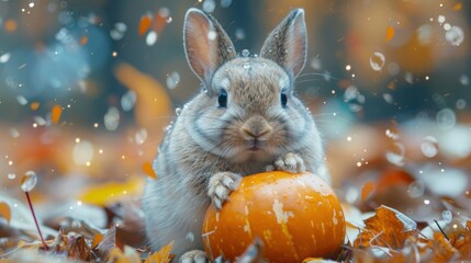 Playful Bunny Holding a Pumpkin in the Garden