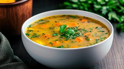 Delicious Vegetable Soup in White Bowl on Wooden Table