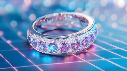 Sticker - Sparkling Gemstone Ring on Blue Surface with Bokeh