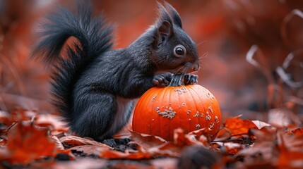 Curious Black Squirrel Peeking Inside Halloween Pumpkin for Trick or Treat