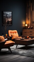 Wall Mural - Dark living room interior with black empty wall  