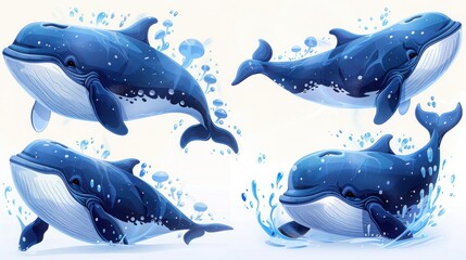 Whale Characters of the Ocean: Vector Illustration of Friendly Sperm and Bowhead Whales with Water Fountains, Isolated for Game Design and Biodiversity Education