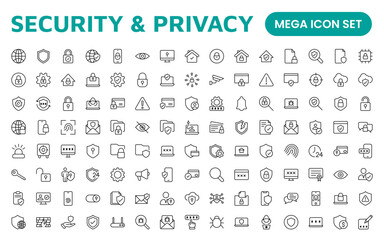 Poster - Set of Security web icons in line style. Guard, cyber security, password, smart home, safety, data protection, key, shield, lock, unlock, eye access. Security outline icon set.