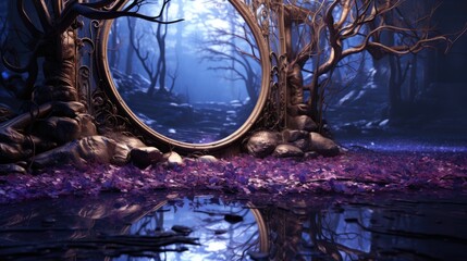 Canvas Print - Dark mysterious forest with a magical magic mirror, a portal to another world. Night fantasy forest. 