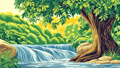 A serene landscape featuring a flowing waterfall, lush greenery, and a large tree, evoking tranquility and nature's beauty.