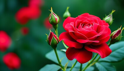 Bright red roses bloom against the backdrop of green plants, exuding charming charm and elegance.