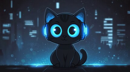 Cute Cartoon Cat Wearing Headphones in a Futuristic Setting