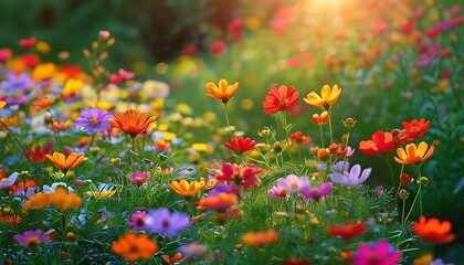 Poster - The sun shines on the garden, and colorful flowers and green grass complement each other, showing a moment of tranquility and beauty.