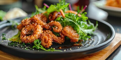 Concentrated view of crispy octopus dish accompanied by seasonal green veggies.