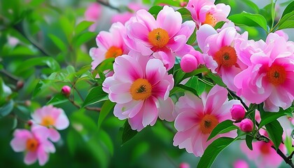 Sticker - Green plants are intertwined with beautiful pink flowers, showing the vitality and vitality of nature.