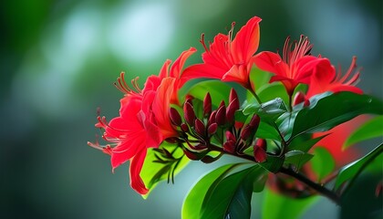 Poster - Bright red flowers bloom among a green leaf, showing the vitality and vitality of nature. The background is blurred, emphasizing the beauty of the flowers.