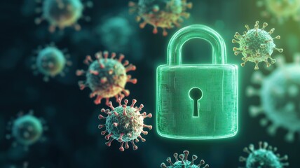 Poster - A glowing padlock surrounded by floating digital viruses, representing cybersecurity defense, Tech, Neon green, 3D rendering