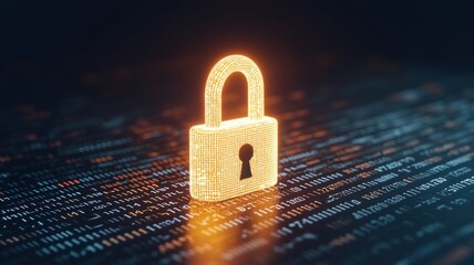 Poster - A glowing padlock in cyberspace surrounded by binary code, symbolizing encryption, Tech, Minimalistic, 3D rendering