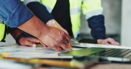 Aufkleber - People, blueprint and developer hands for drawing on construction site, maintenance and planning. Employees, support and design layout for building renovation, documents for floor infrastructure