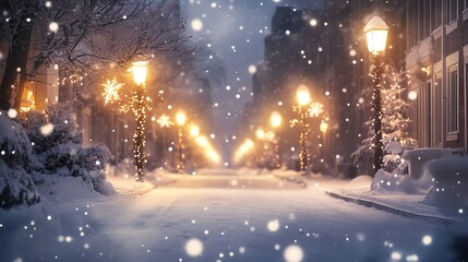 Wall Mural - A snowy winter night scene with a street lined with houses and decorated Christmas trees.