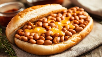 Close-up of a delicious hot dog topped with baked beans and melted cheese, served on a wooden surface with a small bowl of sauce in the background.