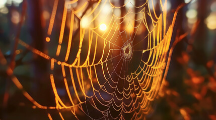 f an intricate spider web with golden light shining through, 