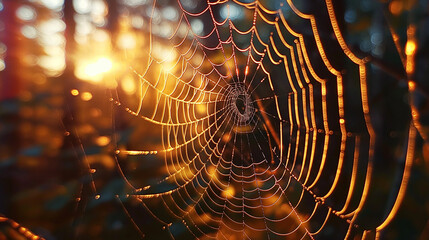  an intricate spider web with golden light shining through,