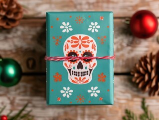 colorful gift box featuring a decorative skull design, perfect for festive occasions and celebration