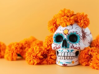 Colorful sugar skull adorned with marigold flowers, representing tradition and remembrance during Dia de los Muertos celebration.