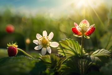 art blooming wild strawberry flower in sunny summer meadow. Beautiful summertime nature background; Generative AI