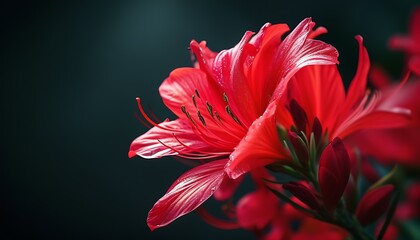 The red flowers blooming in the dark background, the petals are bright and dazzling, exuding a charming luster, and the overall appearance is full of vitality and vitality.