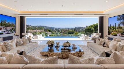 Modern Luxury Living Room with Pool View and Mountain Scenery