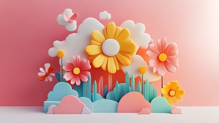 Wall Mural - D Flower Garden Illustration with Pink Background