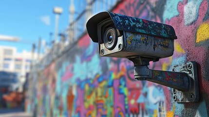 Security camera on graffiti-covered wall with blue sky and colorful street art visible