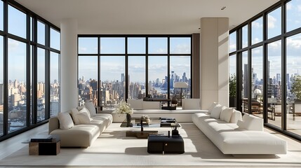 Modern Living Room with City Skyline View