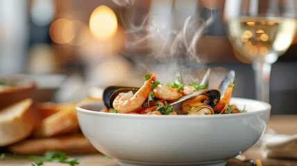 A steaming bowl of bouillabaisse, a French seafood stew, with crusty bread.