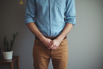 A Man in Casual Attire Posing Thoughtfully in a Minimalistic Setting