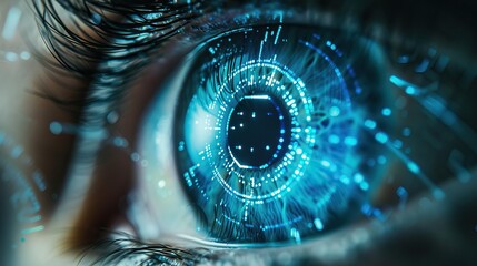 Close-up of human eye with futuristic digital interface overlay and blue tones