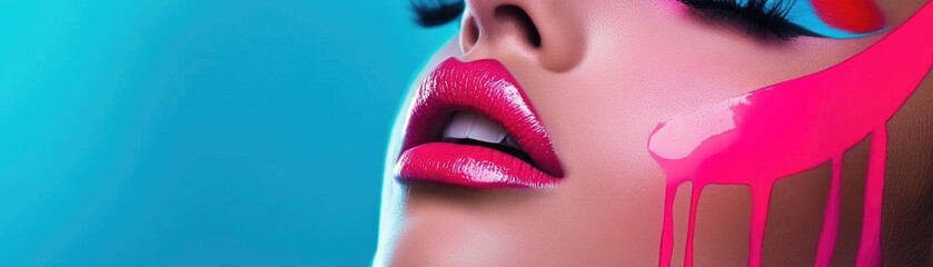 A vibrant close-up of a glamorous lip with striking pink paint, showcasing beauty and artistic expression in a colorful backdrop.