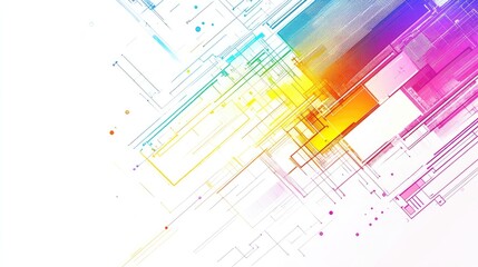 Wall Mural - Futuristic abstract technology vector, with intricate rainbow-colored lines and shapes, set against a bright white background