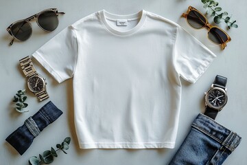 Canvas Print - Realistic white Tshirt Flat Lay Mockup created with Generative AI