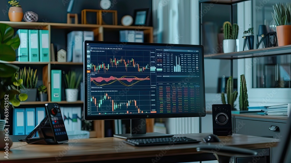 Desktop workspace with a large monitor showing a foreign exchange ...