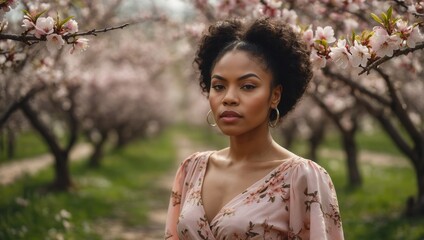 African American woman wearing a pink floral dress stands in a field of blossoming trees