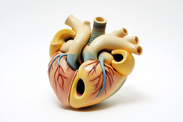 Detailed longitudinal section of the human heart showing the atria, ventricles, and valves, with labeled structures, on a white background 