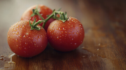 Fresh tomatoes with water drops glistening under soft natural light, arranged on a wooden table.