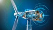 © MAJGraphics - A close-up view of a wind turbine with its inner workings exposed in a digital illustration.