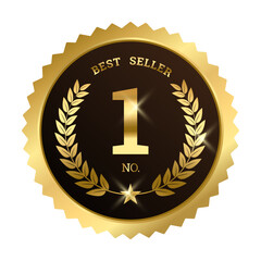 Best seller sticker label , No. 1 gold badge with laurel wreath Rounded Circle Serrated Edge Decoration vector isolated for Premium Quality product, book cover label or your the Best selling product