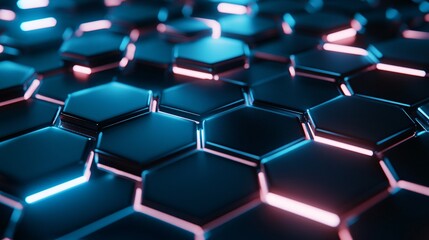 Fototapete - Abstract Geometric Hexagon Pattern with Neon Lights