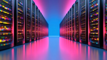 Poster - Rows of server racks glowing with light in a modern and highly secure data center.