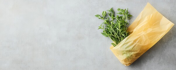 Fresh green herbs wrapped in biodegradable packaging on a light textured background, ideal for eco-friendly cooking concepts.