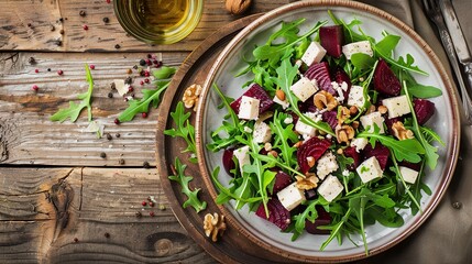 Delicious salad featuring baked beets, fresh arugula, creamy cheese, and crunchy nuts. A vibrant and nutritious dish combining sweet roasted beets with savory cheese and nutty flavors,