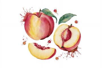 Watercolor painting of juicy peaches with splashes of color.